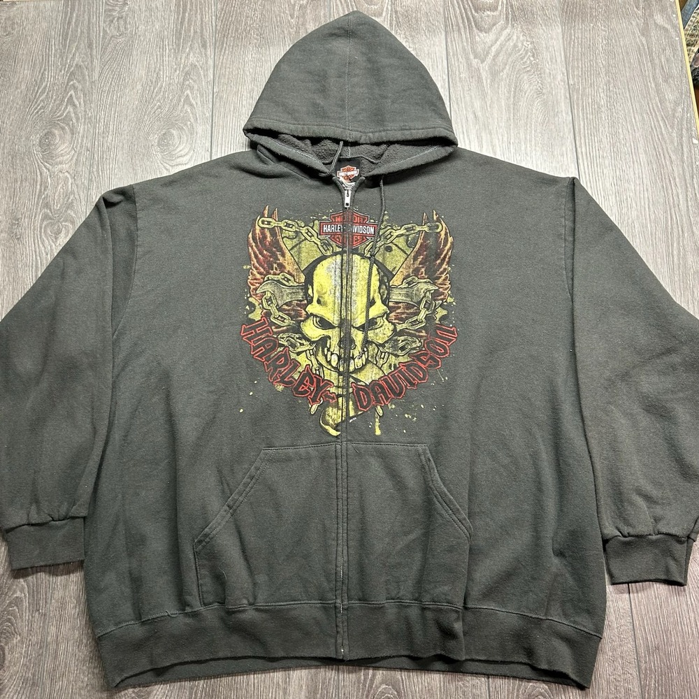 Harley Davidson Mens 3XL Full Zip Hoodie Skull Graphic Somerset PA Black Y2K